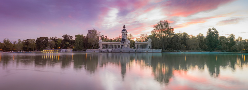 place of worship, removal, sky, lake, sunset, tree, water, tranquility, dawn, built structure, reflection, madrid, architecture, cloud - sky, 8K, nature