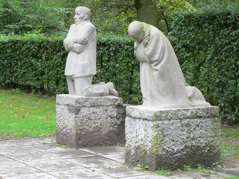 stones, day, sculptor, german military cemetery, sculpture, park, plant, outdoors, stone statue, creativity, male likeness, human representation