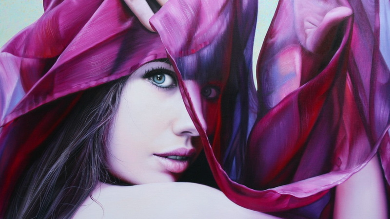 hairstyle, blue eyes, contemplation, veil, close-up, hood - clothing, fashion, Christiane Vleugels, hair, painting, women, headscarf, females, wind, beautiful people