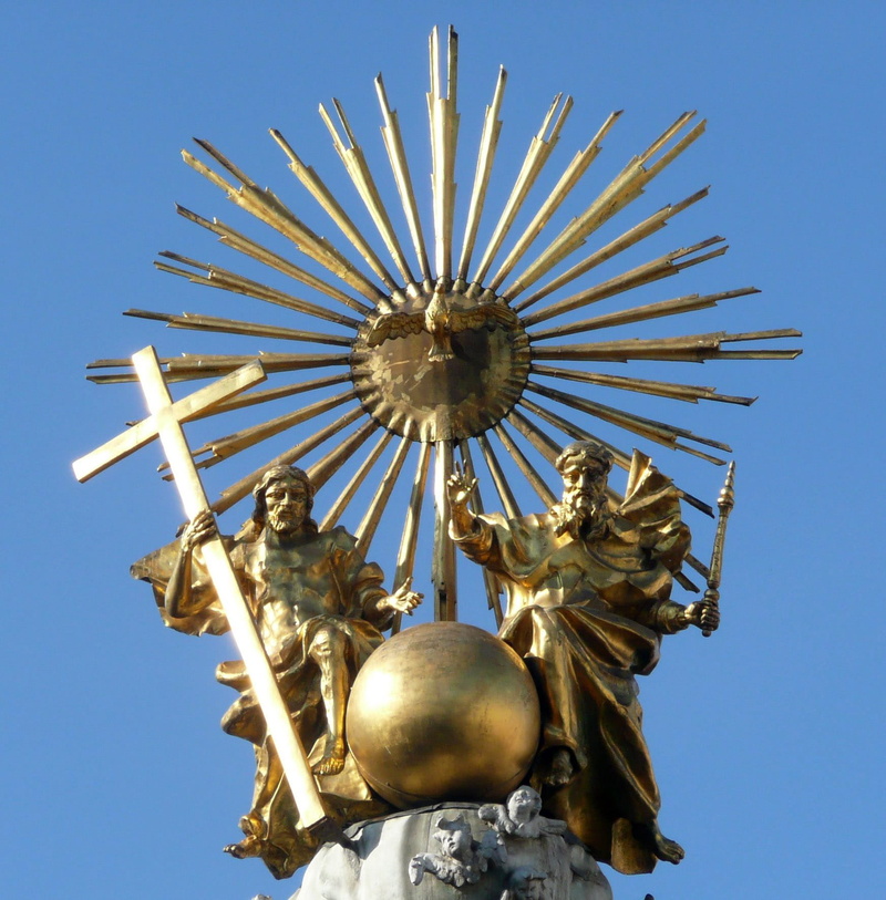 art and craft, sunny, ornate, trinity, day, outdoors, male likeness, holy, sky, top, craft, 720P, representation, statue, gold colored, column, on top
