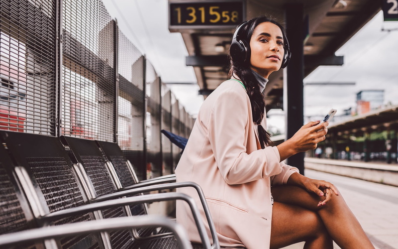 headphones, sitting, women, 1080P, train station, legs crossed, numbers