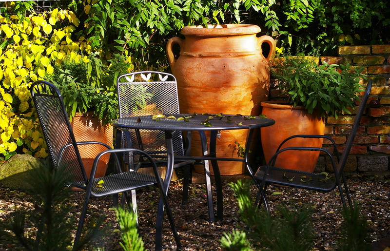 mediterranean garden, amphora, shadow play, decorative, holiday, metal, october, italy, terracotta, wood - material, still life, garden, design, potted plant