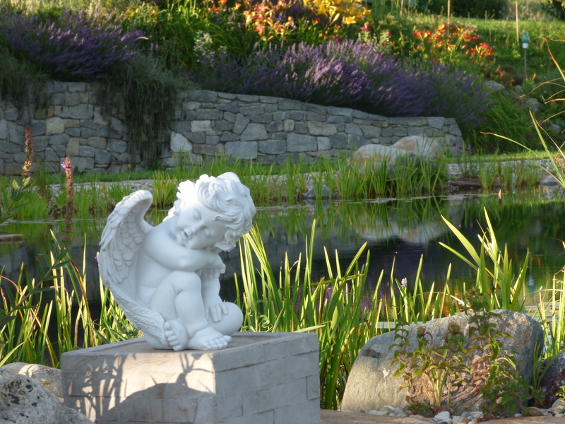 angel, human representation, stone material, 4K, gartendeko, solid, outdoors, creativity, lake, art and craft, nature, no people, white color, statue