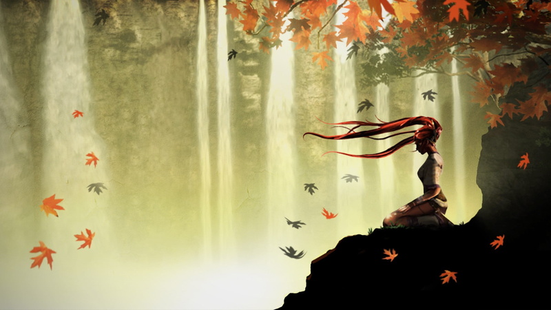 nature, redheads, hd, nariko, leaves, x, forests, forest, art, 1080P, sword, heavenly, waterfalls, wind