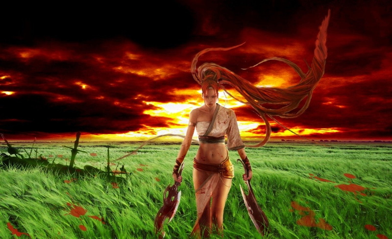 sky, hair, one person, fire - natural phenomenon, hairstyle, Video Game, sunset, outdoors, field, representation, creativity, nature, witch, grass, Heavenly Sword