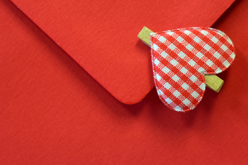 love, post, still life, studio shot, checked pattern, food and drink, checkered, pattern, pin, good news, message, textile, directly above, leave, white