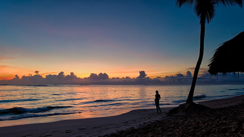 idyllic, tranquility, palm tree, palm, coconut palm tree, sand, water, scenics - nature, standing, hour, tranquil scene, waves, body, ocean, sea, sunset