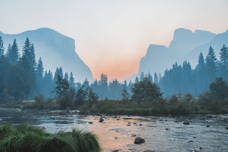 scenic, hot, water, body, landscape, plant, mountain, sunset, sky, morning, rock, sun, pine woodland, haze, rock - object, outdoors, summer, lake, trees