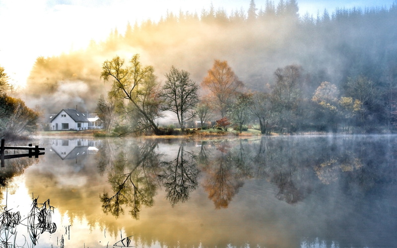 1080P, scenic, houses, dock, shine, morning, forest, fall, trees, landscapes, haze, architecture, fog, water, seasons, mist, pier, shore, lakes, glass