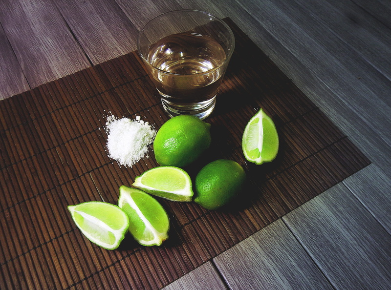 close-up, high angle view, shot, filled, healthy eating, table, tequila, citrus fruit, green color, drink, beverage, slice, beside, liquid, indoors, glass