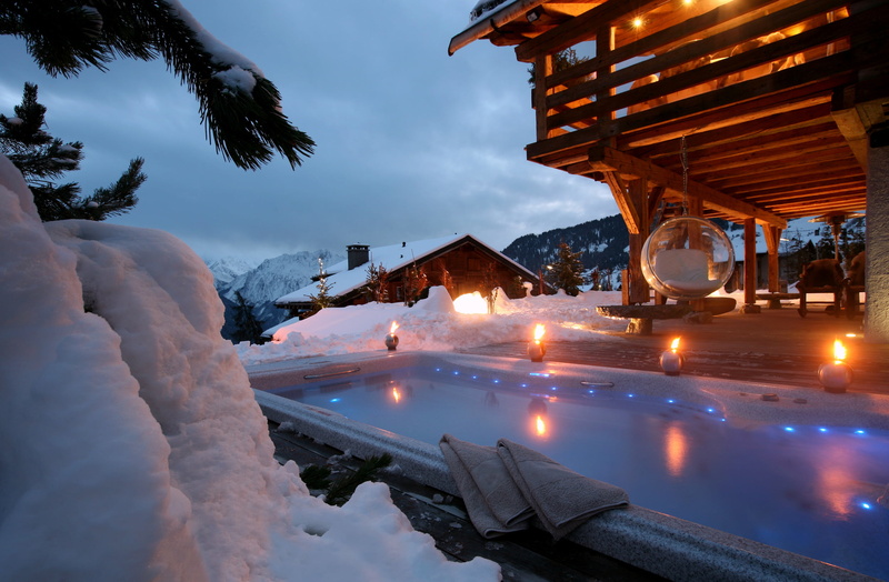 nature, architecture, sky, snow, chairs, Jacuzzi, mountain, dusk, swimming, 1080P, winter, building exterior, pool, built structure, beauty in nature