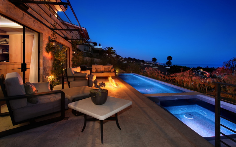 Jacuzzi, fire, sofa, 2K, chairs, pool, house, furniture, evening., landscape
