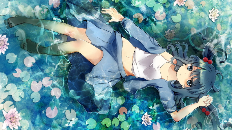 water, touhou, flowers, l, blue, long, hair, tops, video, Video Games, twintails, hd, tank, skirts, barefoot, 2K, art, eyes, games, nature