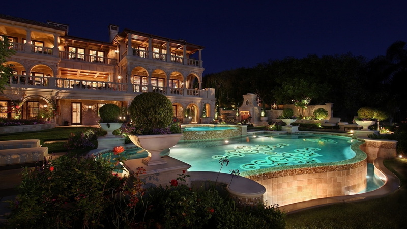 building exterior, trees., building, tree, concrete, travel destinations, interior, Jacuzzi, nature, illuminated, clear sky, sky, pool, swimming pool, the bushes