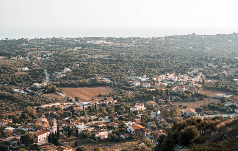 residential district, outdoors, mountains, plant, building, greek, crowded, townscape, day, tree, sky, building exterior, environment, town, greece, cephalonia