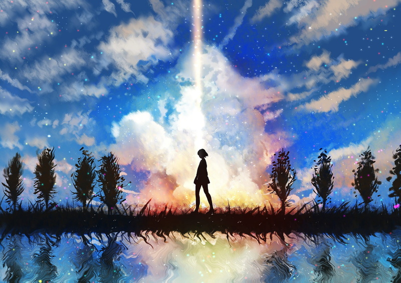walking, real people, blue, men, sunset, leisure activity, sky, 1080P, landscape, illustration, standing, full length, silhouette, Kimi no Na Wa, reflection