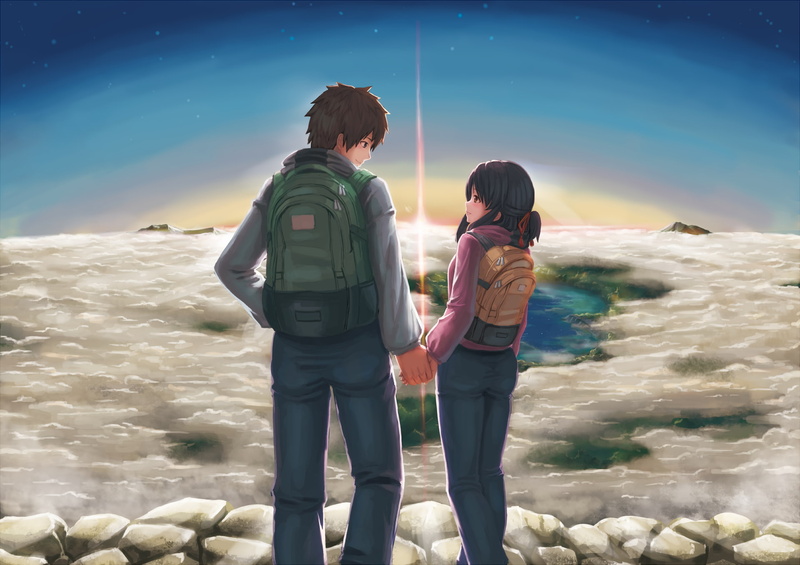 standing, your name, nature, scenic, couple - relationship, warm clothing, clouds, real people, bonding, leisure activity, couple, positive emotion, Anime