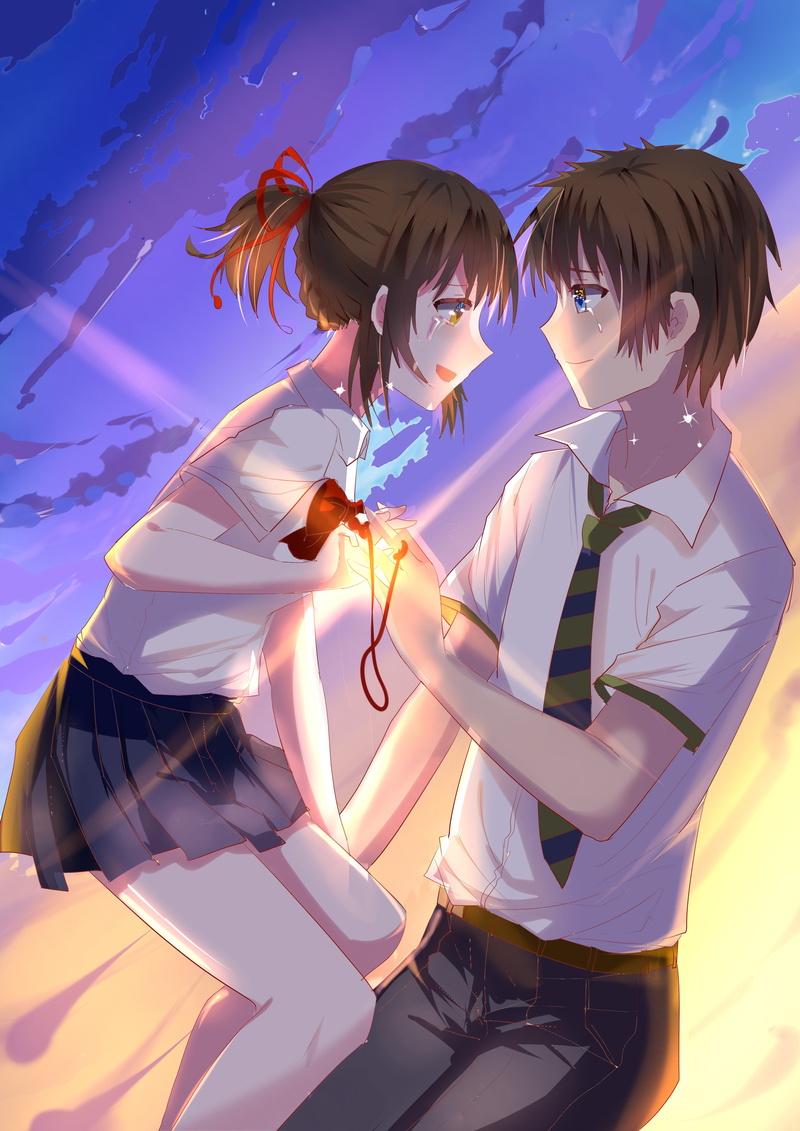 anime girls, Kimi no Na Wa, short hair, crying, 4K, anime, Tachibana Taki, skirt, Miyamizu Mitsuha