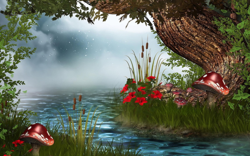 river, mushroom, toadstool, folwers, 2K, tree, water, fantasy, 3d and abstract