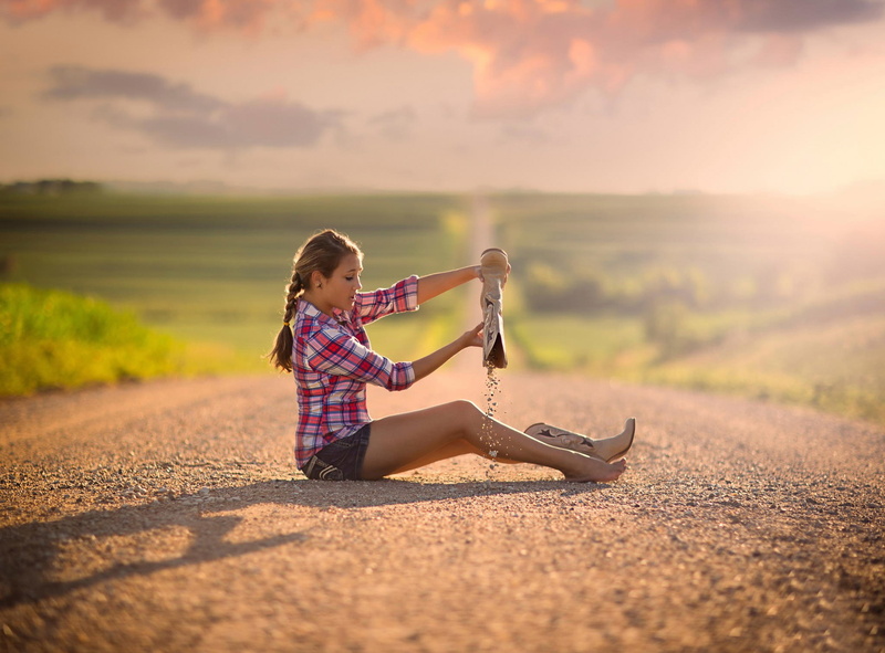 1080P, women outdoors, Jake Olson, braids, brunette, sunlight, plaid, barefoot, road, boots, plaid shirt