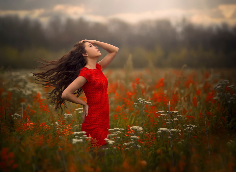 women, windy, tanned, 1080P, red dress, nature, brunette, Jake Olson, women outdoors