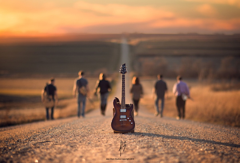 sunset, depth of field, band, road, guitar, men, Jake Olson, 1080P