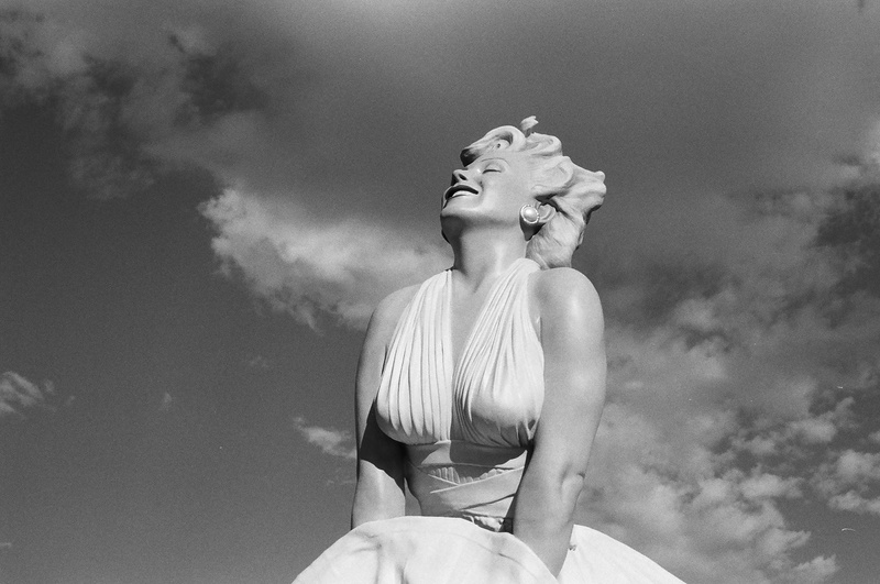 united states, low angle view, outdoors, art and craft, human representation, film, female likeness, representation, nature, marilyn, black and white, cloud - sky
