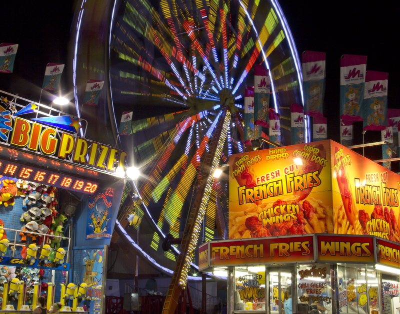 amusement park, ferris wheel, lights, no people, fun, low angle view, outdoors, western script, communication, state fair, united states, nightlife, multi colored