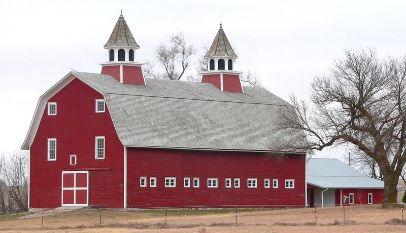 gray, bare tree, tree, built structure, near, tower, outdoors, spirituality, agriculture, red, spire, plant, nebraska, rural, religion, place of worship