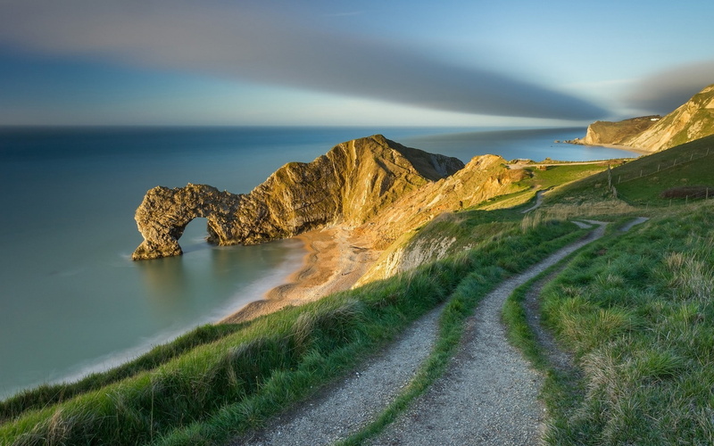 Coast, UK, sunlight, sky, landscape, Durdle Door, path, England, sea, field, nature, Hill, 1080P, grass, clouds, rock, cliff, Horizon, fence, Long Exposure