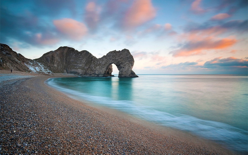 horizon, scenics - nature, beauty in nature, durdle door, tranquil scene, 1080P, cloud - sky, sunset, land, horizon over water, rock - object, solid, tranquility