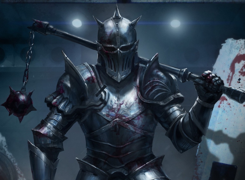 art, night, representation, waist up, horror, front view, technology, weapon, power, weapons, people, suit of Armor, blood, conflict, imagination, armed Forces