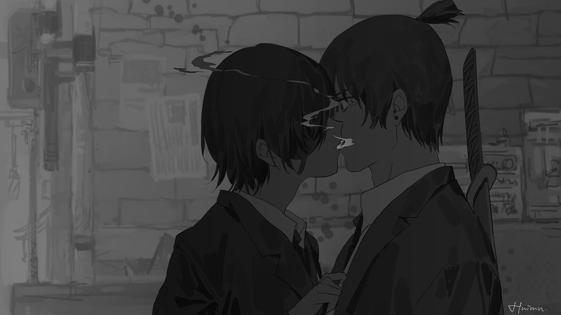 eyepatches, sword, kissing, smoke, cigarettes, 1080P, tie, lighter, Chainsaw Man