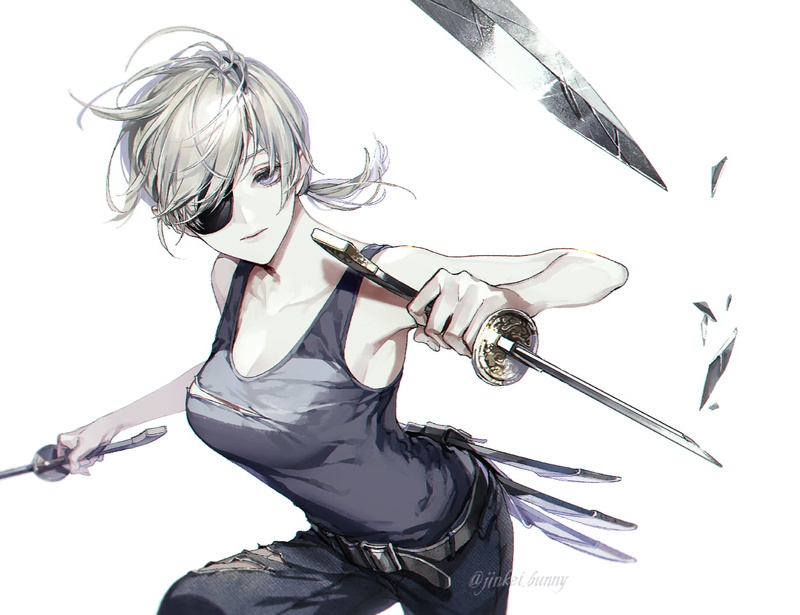 anime, anime girls, eyepatches, 720P, JINKEI, Quanxi (Chainsaw Man), Chainsaw Man, simple background, katana