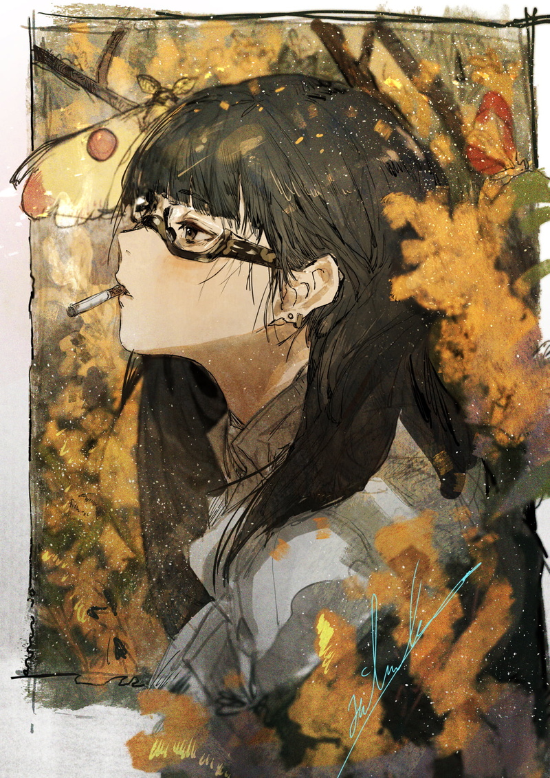 black hair, smoking, Hirannko, dark hair, anime, vertical, anime girls, original characters, 720P, glasses