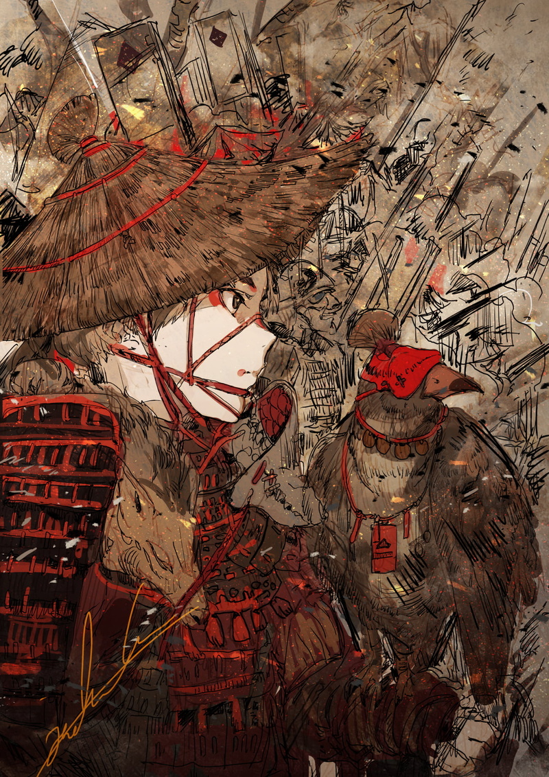 anime, original characters, vertical, samurai, 720P, Hirannko, red, hawk (animal)