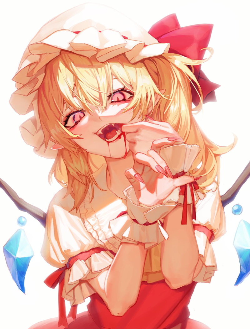 Flandre Scarlet, simple background, vampires, 720P, vertical, blood, Touhou, blonde, vampire (anime), fangs, anime girls, anime, TunaMaYo