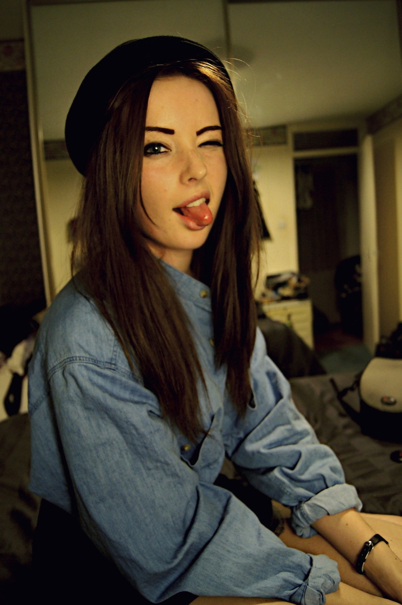 brunette, tongues, blue shirt, 1080P, winking, wink, tongue out, Natasha Wardman