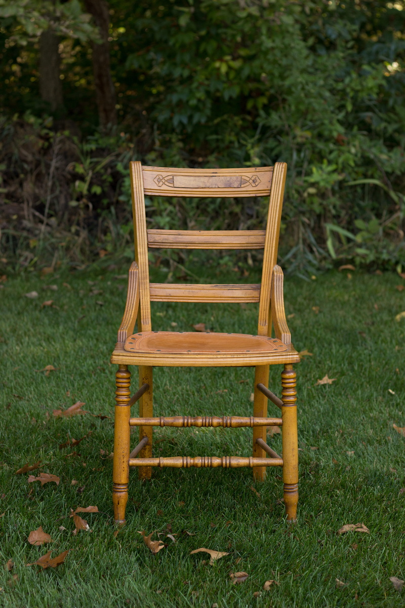 tree, green color, plain, grass, old chair, chair outside, furniture, wooden chair, absence, day, near, field, leaves, covered, wood - material, outdoors