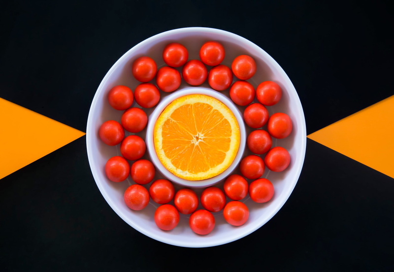 tomatoes, freshness, red, healthy eating, orange, minimalism, indoors, food, directly above, citrus fruit, food and drink, fruit, tomato, 1080P, cherry