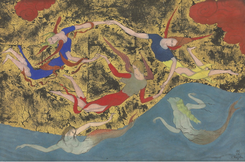 Angels and sirens, 1918, Tsuguharu Foujita, watercolor, 1080P, pen and black ink on Golden paper