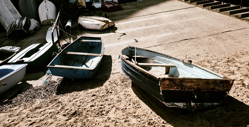 nautical vessel, day, old, sand, yellow, land, moored, harbor, outdoors, beach, boats, patience, staithes, high angle view, fishing boat, rope, blue, united kingdom
