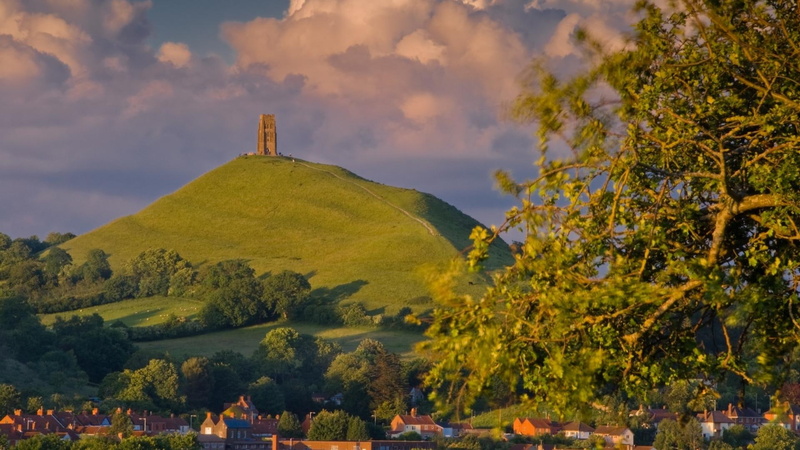 castle, trees, glastonbury, town, hill, 1080P, engl, nature and landscapes