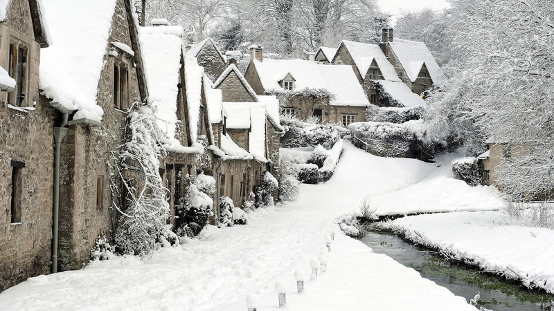 winter, england, 1080P, white, path, engl, cottage, house, animals, tree, snow