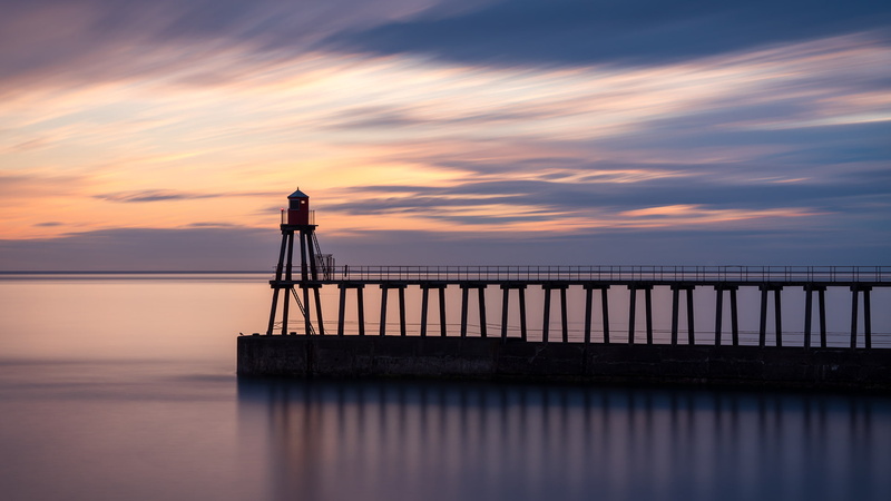 sunrise, sea, Whitby, sky, water, clouds, 1080P, pier
