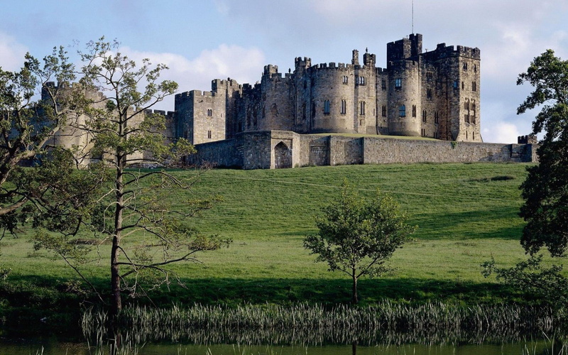 river, hill, trees, grass, nature and landscapes, alnwick, brown, 1080P, engl, northumberl, brick, castle