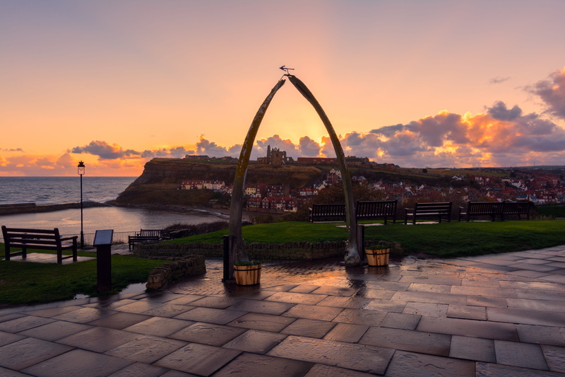 whitby abbey, park, sunset, history, cliff, outdoors, amusement park ride, stone floor, whale bones, travel destinations, amusement park, reflected, dramatic