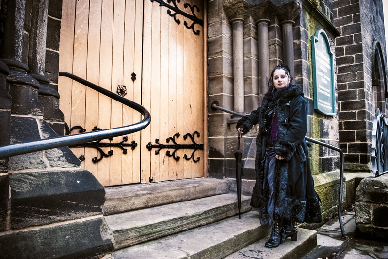 building exterior, gothic, woman, mid adult, medieval, black, church, history, pose, the past, women, 4K, wgw, warrior - person, railing, building, whitby goth weekend