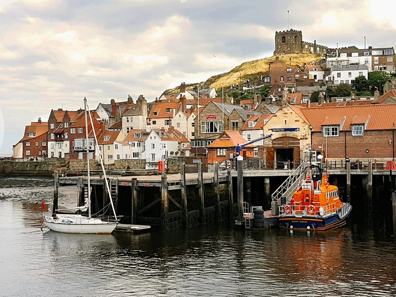 building exterior, cloud - sky, sky, city, mode of transportation, waterfront, Whitby, North Yorkshire, river, 4K, cityscape, Harbour, built structure