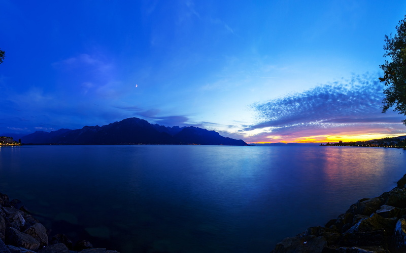 Geneva, Switzerland, Mountains, Lights, Lake, Blue, 2K, Evening